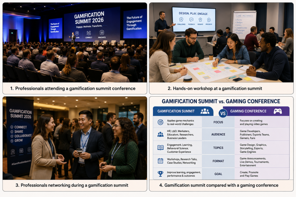 Professional gamification summit collage featuring keynote sessions, workshops, networking, and conference comparisons.