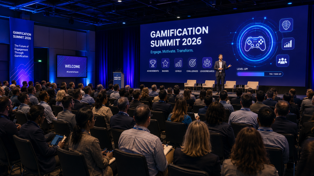 Professionals attending a gamificationsummit conference during a keynote presentation on game-based learning and employee engagement